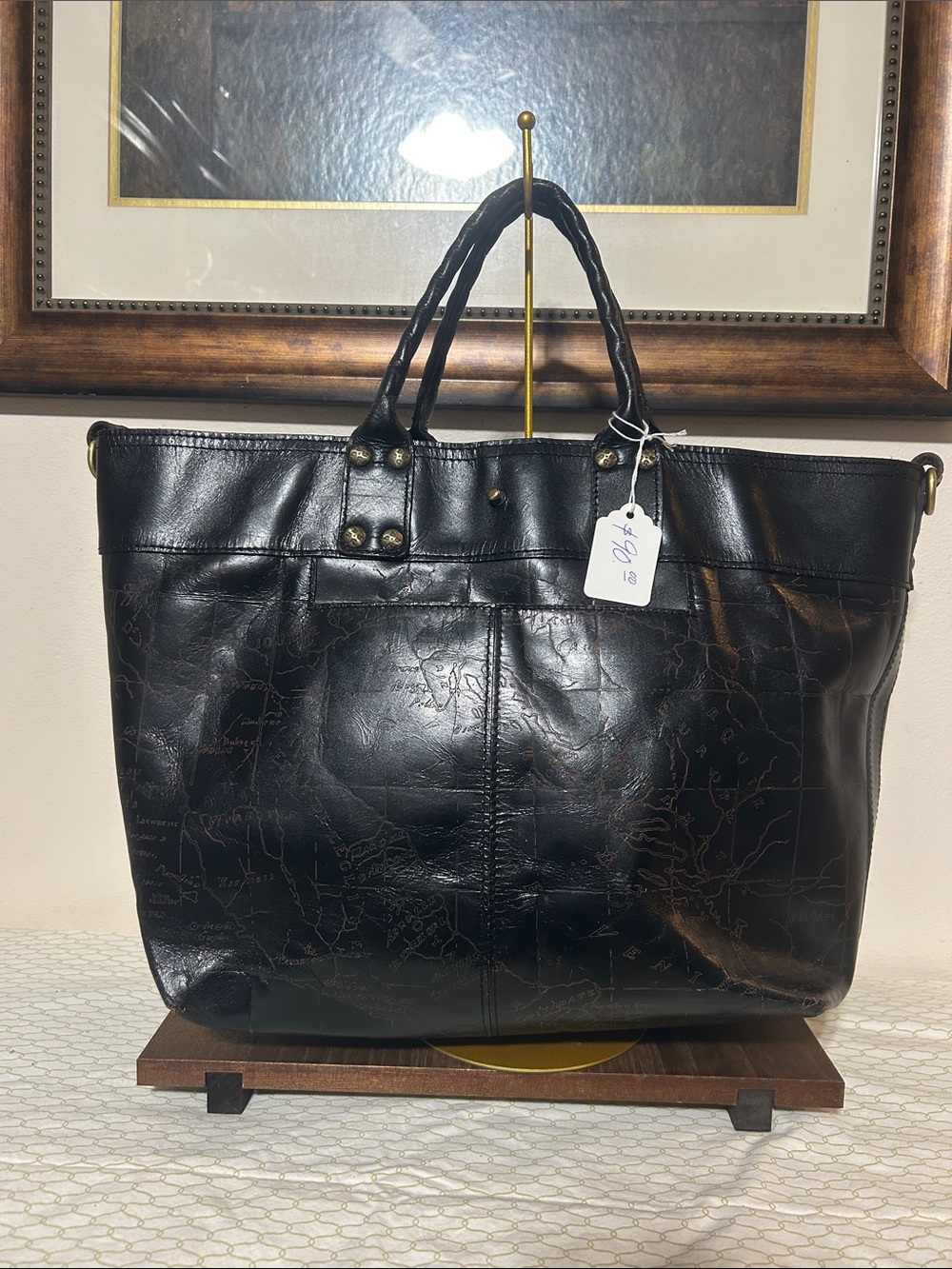 Patricia Nash Black Map-Embossed Leather Tote